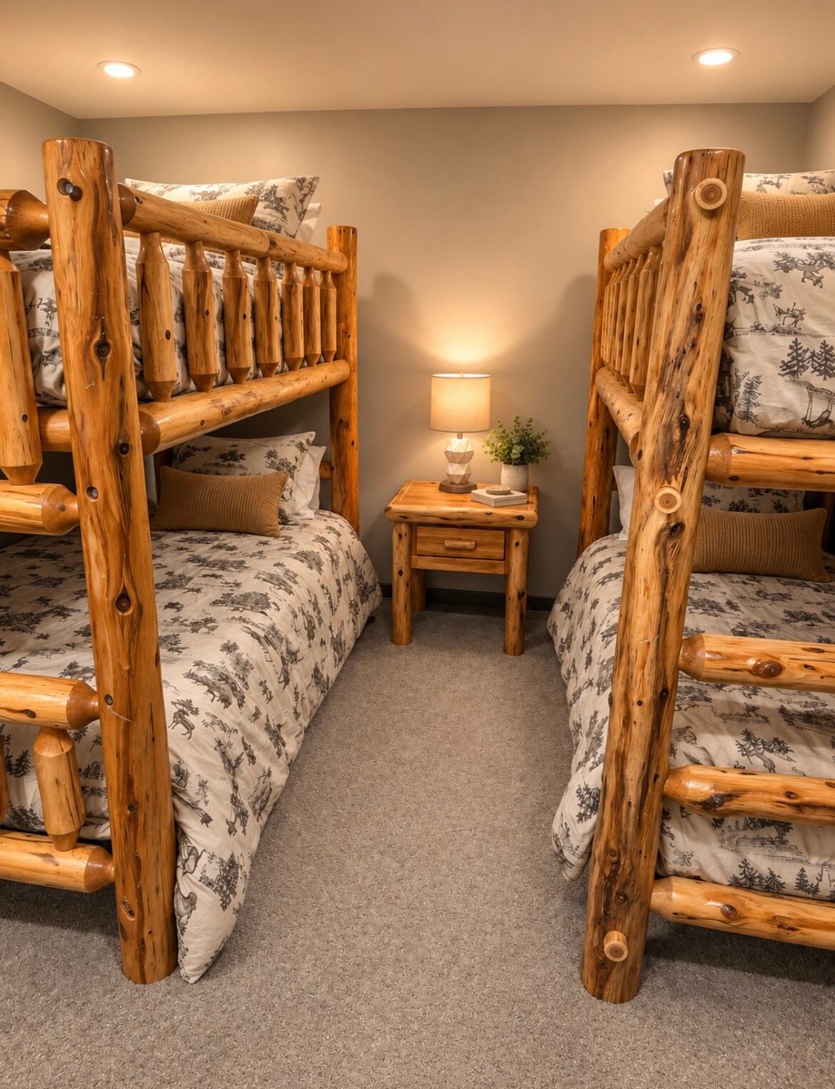 Bunk room with two log bunk beds