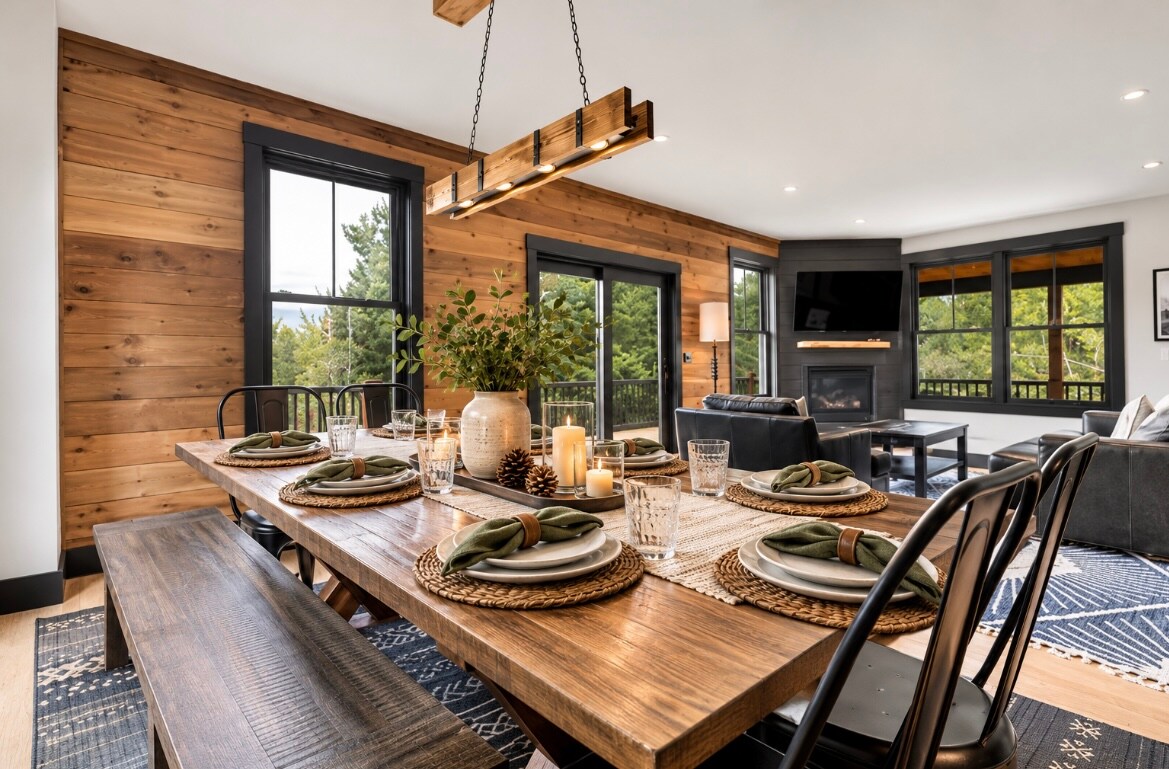 Long farmhouse table in front of the wood-panelled wall and the living room