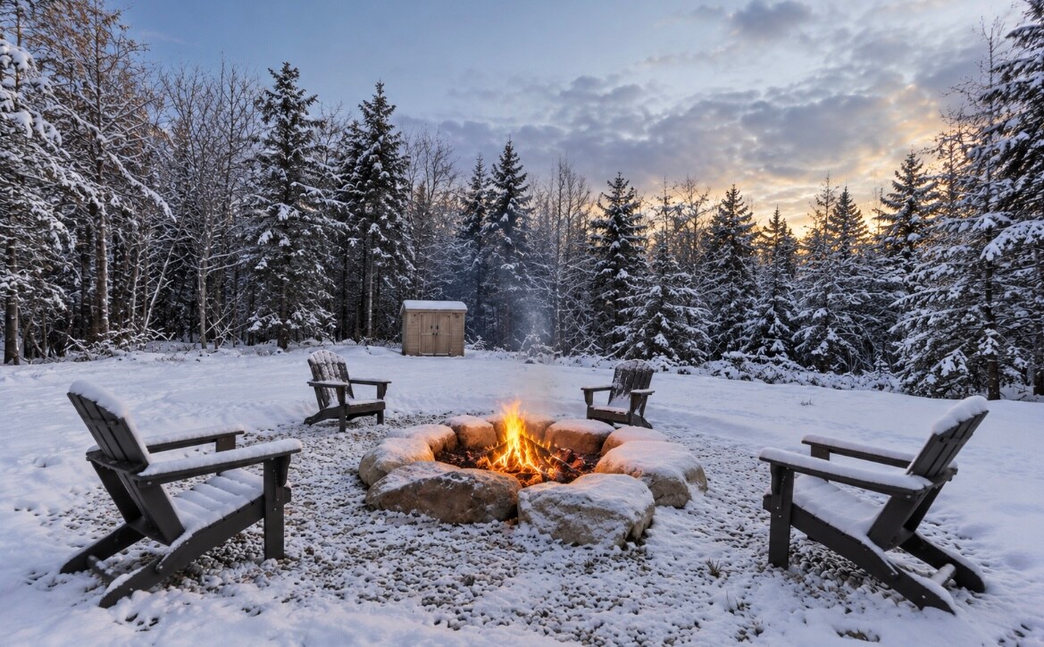 Fire pit with Adirondack chairs in the snow