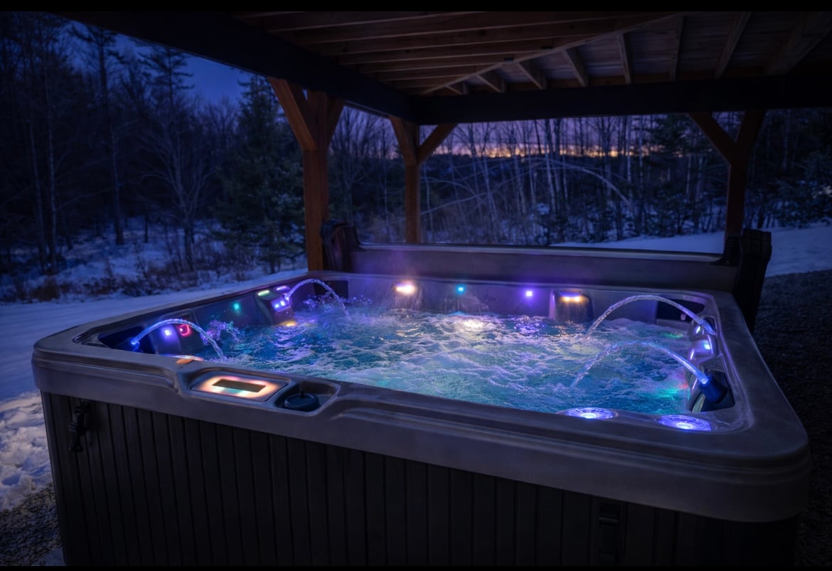 Hot tub lit up at dusk under the deck