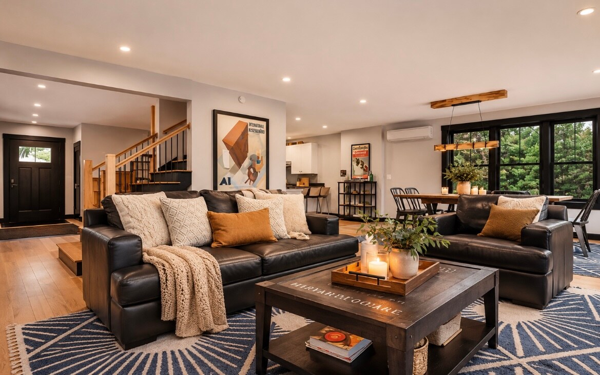 Main living room with leather sofas and a blue patterned rug