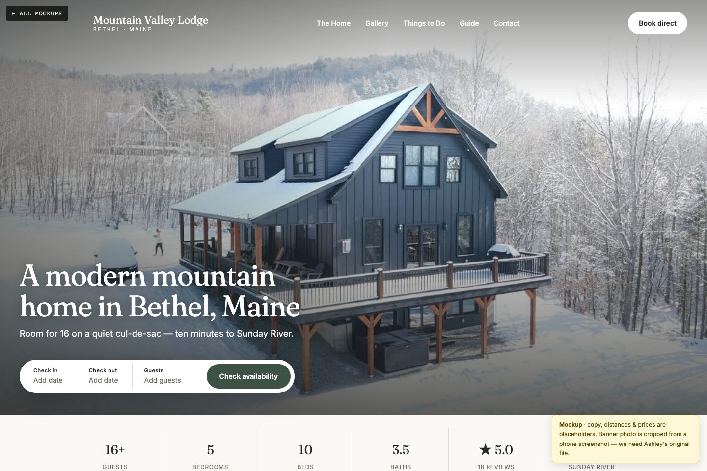 Version 1 homepage: serif headline over the snowy house with a rounded search bar