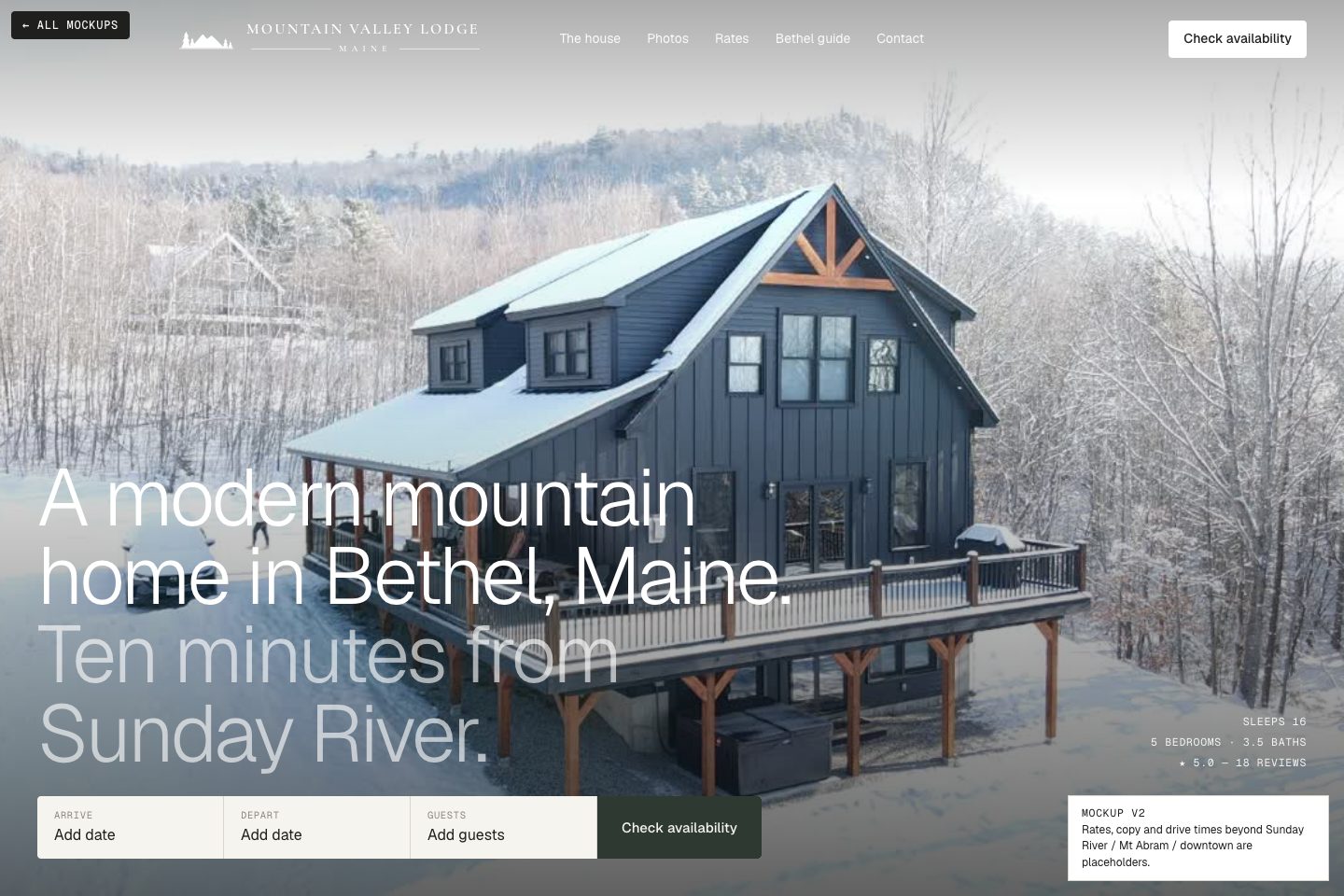 Version 2 homepage: the house in snow with a light headline and a date bar