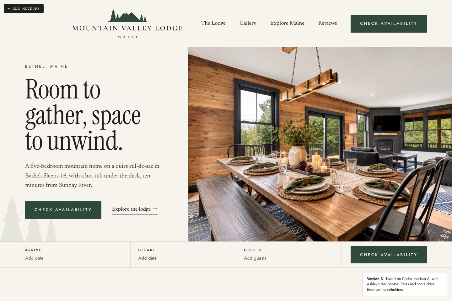Version 3 homepage: logo, serif headline Room to gather, space to unwind, and the dining room photo
